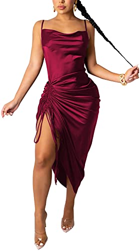 WUSENST Women's Spaghetti Strap Satin Dress Sexy Backless Drawstring