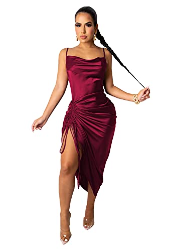 WUSENST Women's Spaghetti Strap Satin Dress Sexy Backless Drawstring