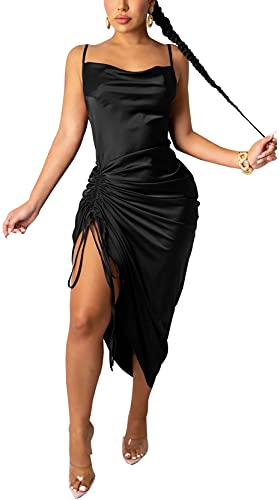 WUSENST Women's Spaghetti Strap Satin Dress Sexy Backless Drawstring Ruched