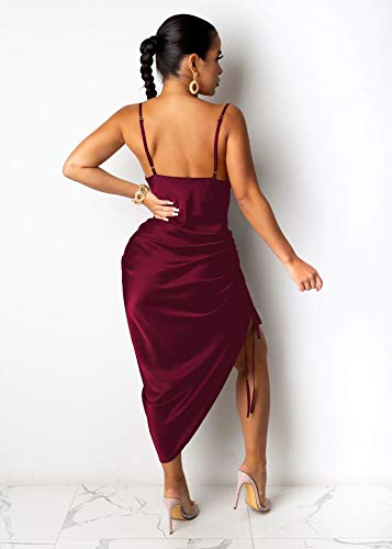 WUSENST Women's Spaghetti Strap Satin Dress Sexy Backless Drawstring