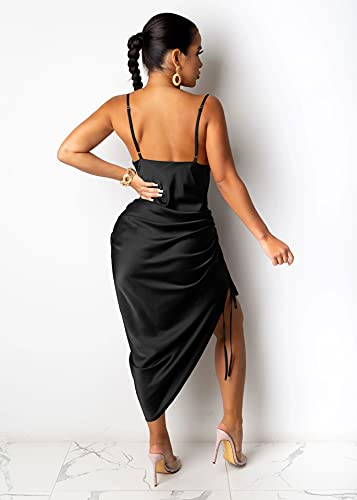 WUSENST Women's Spaghetti Strap Satin Dress Sexy Backless Drawstring Ruched