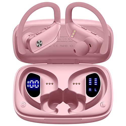 Wireless Earbuds Bluetooth Headphones 48hrs Play Back Sport Earphones with LED Display Over-Ear Buds with Earhooks Built-in Mic Headset for Workout Pink BMANI-VEAT00L - Canlaa