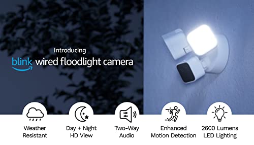 Blink Wired Floodlight Camera – Smart security camera, 2600 lumens, HD live view, enhanced motion detection, built-in siren, Works with Alexa – 1 camera (White) - Canlaa