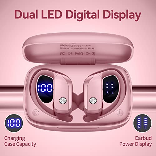 Wireless Earbuds Bluetooth Headphones 48hrs Play Back Sport Earphones with LED Display Over-Ear Buds with Earhooks Built-in Mic Headset for Workout Pink BMANI-VEAT00L - Canlaa