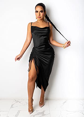 WUSENST Women's Spaghetti Strap Satin Dress Sexy Backless Drawstring Ruched