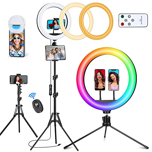 𝗡𝗲𝘄𝗲𝘀𝘁 13" Selfie Ring Light with 63" Stand and 3 Phone Holder, 53 Lighting Modes, iPad Holder, Remote, Desk Tripod, RGB Ringlight for iPhone. Vlogging Circle Led Halo Light Photo Video Kit - Canlaa