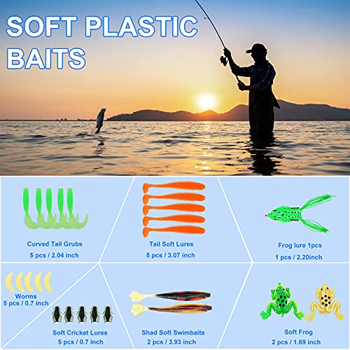 Fishing Lures Tackle Box Bass Fishing Kit Including Animated Lure,Crankbaits,Spinnerbaits,Soft Plastic Worms, Jigs,Topwater Lures,Hooks,Saltwater & Freshwater Fishing Gear Kit for Bass,Trout, Salmon. - Canlaa