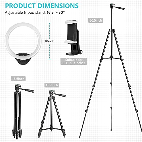 10'' Ring Light with 50'' Extendable Tripod Stand, LED Circle Lights with Phone Holder for Live Stream/Makeup/YouTube Video/TikTok, Compatible with All Phones - Canlaa