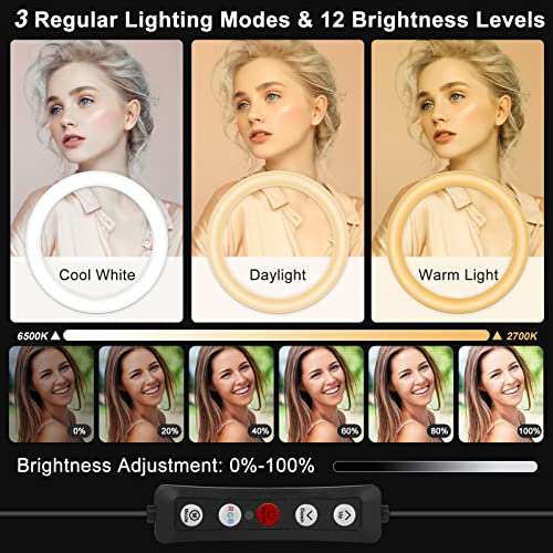 𝗡𝗲𝘄𝗲𝘀𝘁 13" Selfie Ring Light with 63" Stand and 3 Phone Holder, 53 Lighting Modes, iPad Holder, Remote, Desk Tripod, RGB Ringlight for iPhone. Vlogging Circle Led Halo Light Photo Video Kit - Canlaa