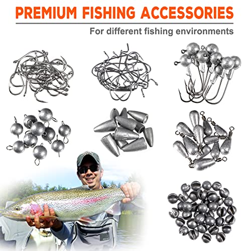 PLUSINNO 264pcs Fishing Accessories Kit, Organized Fishing Tackle Box with Tackle Included, Fishing Weights Sinkers, Jig Hooks, Swivels, Beads Combined into 10 Rigs, Fishing Gear Set for Bass Trout - Canlaa