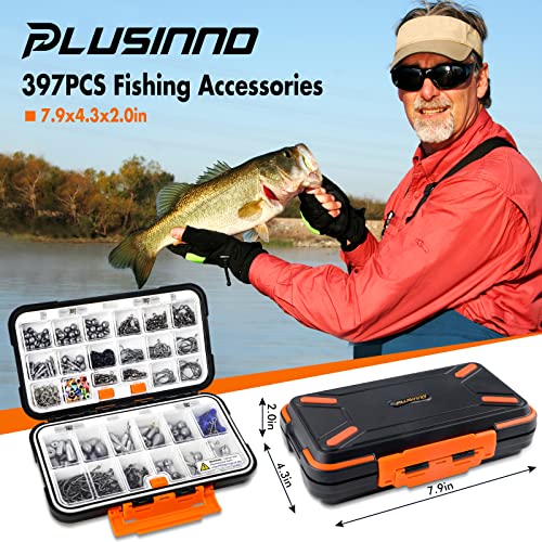 PLUSINNO 397pcs Fishing Accessories Kit, Fishing Tackle Box with Tackle Included, Fishing Hooks, Fishing Weights, Jig Heads, Swivels Snaps Combined into 12 Rigs, Fishing Gear Equipment for Bass - Canlaa