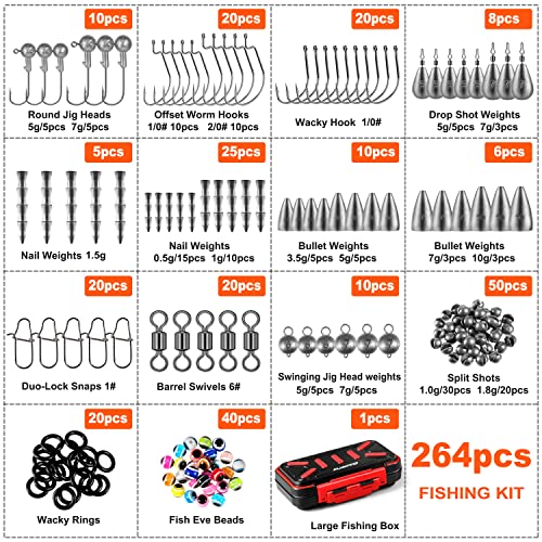 PLUSINNO 264pcs Fishing Accessories Kit, Organized Fishing Tackle Box with Tackle Included, Fishing Weights Sinkers, Jig Hooks, Swivels, Beads Combined into 10 Rigs, Fishing Gear Set for Bass Trout - Canlaa