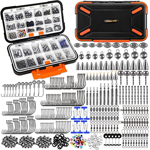 PLUSINNO 397pcs Fishing Accessories Kit, Fishing Tackle Box with Tackle Included, Fishing Hooks, Fishing Weights, Jig Heads, Swivels Snaps Combined into 12 Rigs, Fishing Gear Equipment for Bass - Canlaa