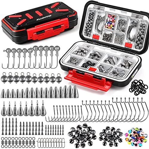 PLUSINNO 264pcs Fishing Accessories Kit, Organized Fishing Tackle Box with Tackle Included, Fishing Weights Sinkers, Jig Hooks, Swivels, Beads Combined into 10 Rigs, Fishing Gear Set for Bass Trout - Canlaa