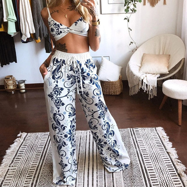 Summer Homewear Outfits Casual Butterfly Print Women Two Piece Set Ladies Elegant Bra Tops+Wide Leg Pants Loose Suits Streetwear - Canlaa