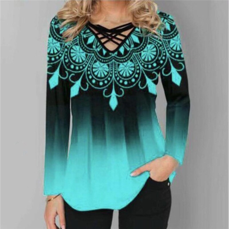 Boho Print Women T-shirt 2023 Spring V-Neck Long Sleeve Irregular Female Tee Shirt Casual Loose Tops Shirts Blusa Plus Size 5XL - Canlaa