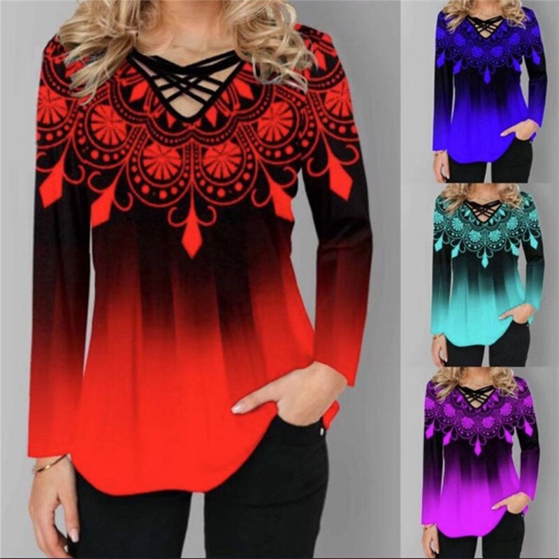 Boho Print Women T-shirt 2023 Spring V-Neck Long Sleeve Irregular Female Tee Shirt Casual Loose Tops Shirts Blusa Plus Size 5XL - Canlaa