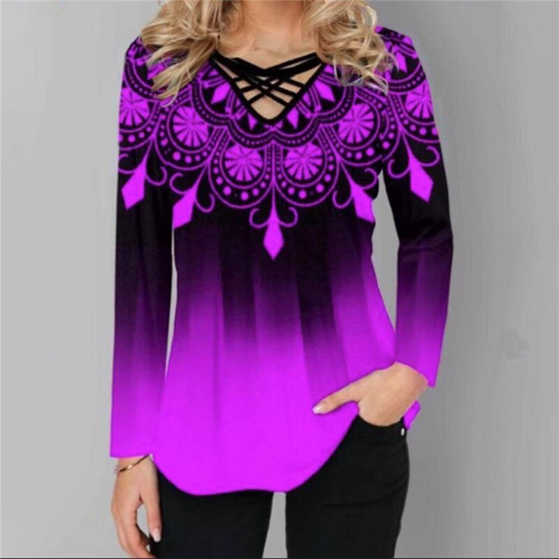 Boho Print Women T-shirt 2023 Spring V-Neck Long Sleeve Irregular Female Tee Shirt Casual Loose Tops Shirts Blusa Plus Size 5XL - Canlaa