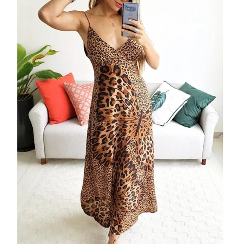 Leopard print butterflies Print dresses V-neck off shoulder sexy spaghetti strap summer dresses women 2019 fashion new - Canlaa