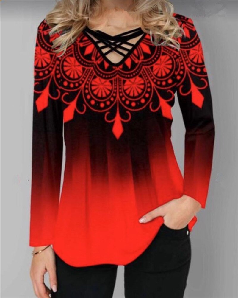 Boho Print Women T-shirt 2023 Spring V-Neck Long Sleeve Irregular Female Tee Shirt Casual Loose Tops Shirts Blusa Plus Size 5XL - Canlaa