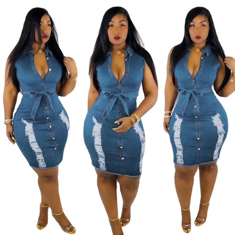 Women Summer Denim Mini Dress Ripped Hole Jeans Dresses Sleeveless Button Bandage Bodycon Dresses - Canlaa