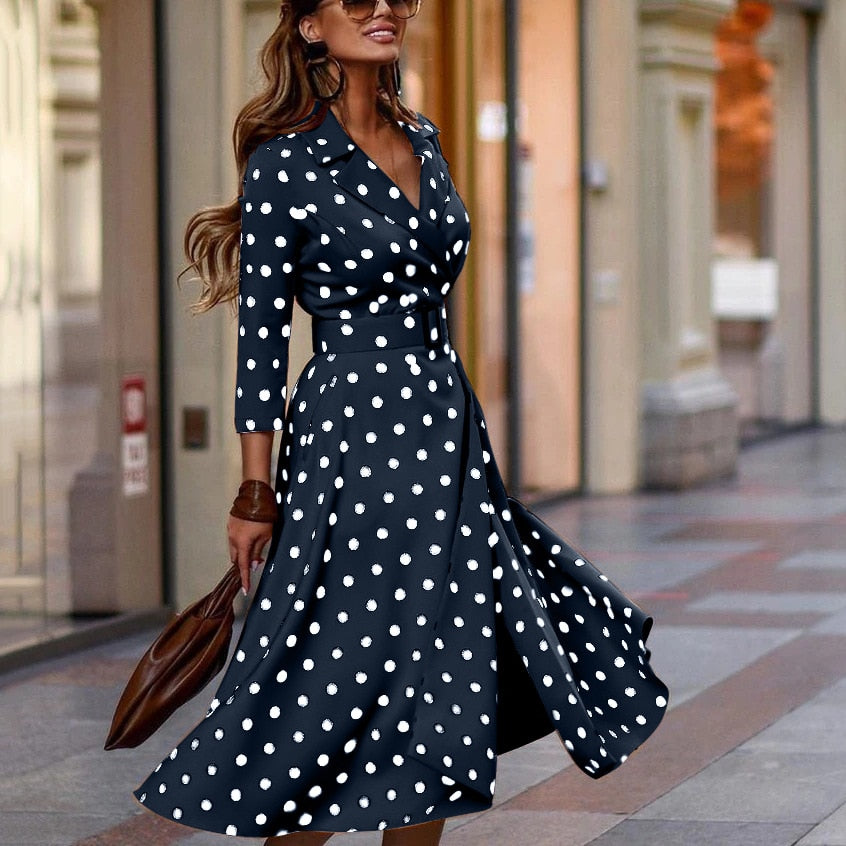 LIYONG Dot Print Elegant Dress Women Split V Neck Long Sleeves Autumn Winter Dresses High Waist Slim Sashes Party Midi Vestidos - Canlaa