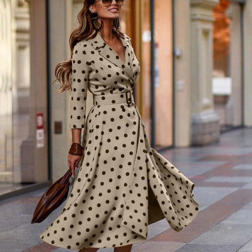 LIYONG Dot Print Elegant Dress Women Split V Neck Long Sleeves Autumn Winter Dresses High Waist Slim Sashes Party Midi Vestidos - Canlaa