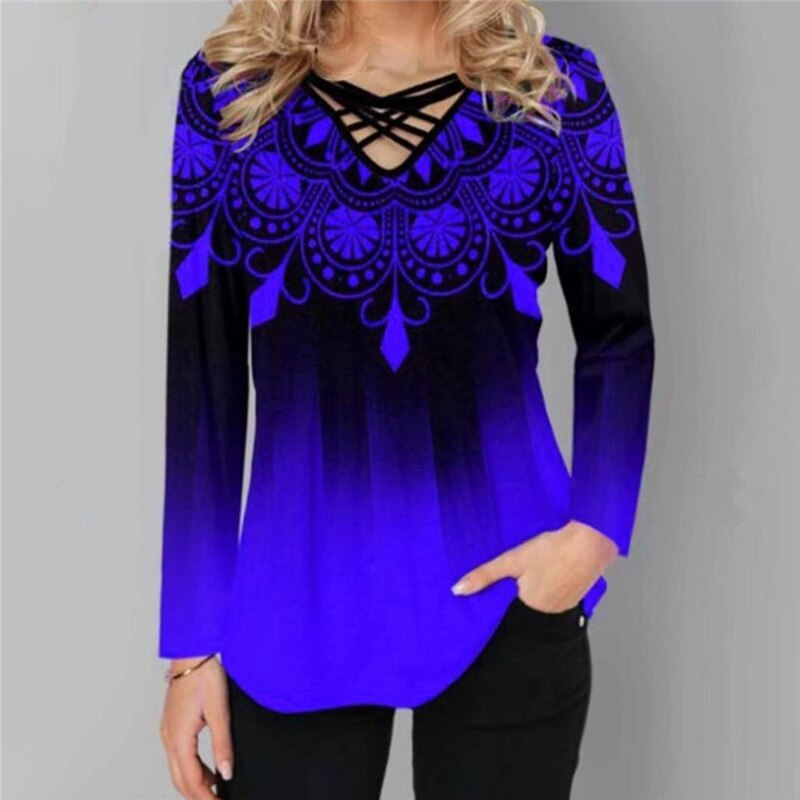 Boho Print Women T-shirt 2023 Spring V-Neck Long Sleeve Irregular Female Tee Shirt Casual Loose Tops Shirts Blusa Plus Size 5XL - Canlaa