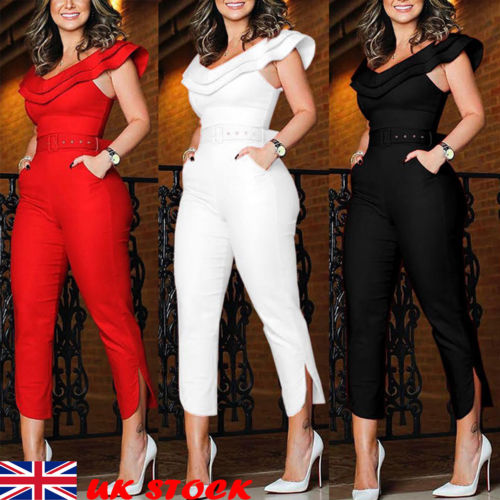 UK Womens Bardot Off Shoulder Jumpsuit Rompers Cocktail Party Evening Playsuit - Canlaa