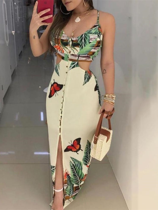 Summer Women Elegant Long Casual Party Dress Female Maxi Dress Ladies V-Neck Spaghetti Strap Tropical Print Cutout Dress - Canlaa