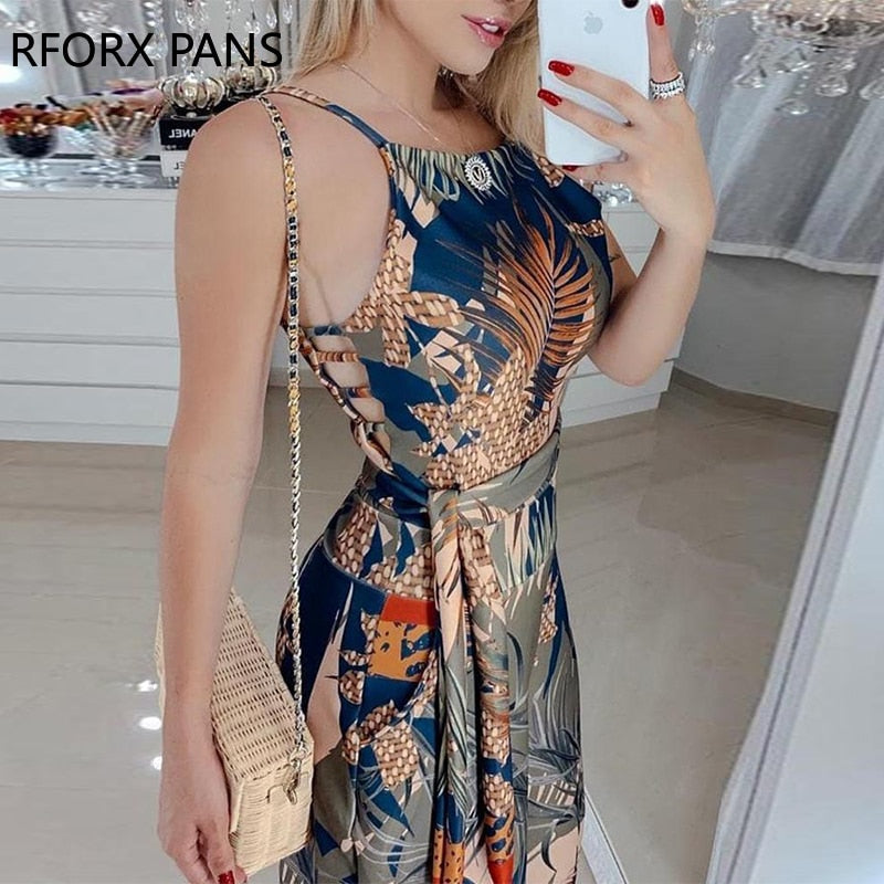 Sleeveless Tropical Print Spaghetti Strap Jumpsuit - Canlaa