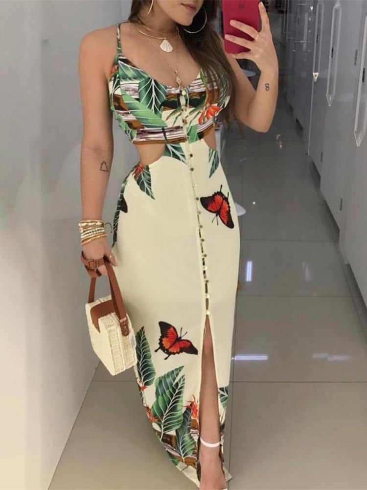 Summer Women Elegant Long Casual Party Dress Female Maxi Dress Ladies V-Neck Spaghetti Strap Tropical Print Cutout Dress - Canlaa