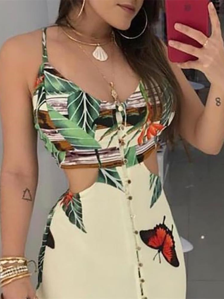 Summer Women Elegant Long Casual Party Dress Female Maxi Dress Ladies V-Neck Spaghetti Strap Tropical Print Cutout Dress - Canlaa