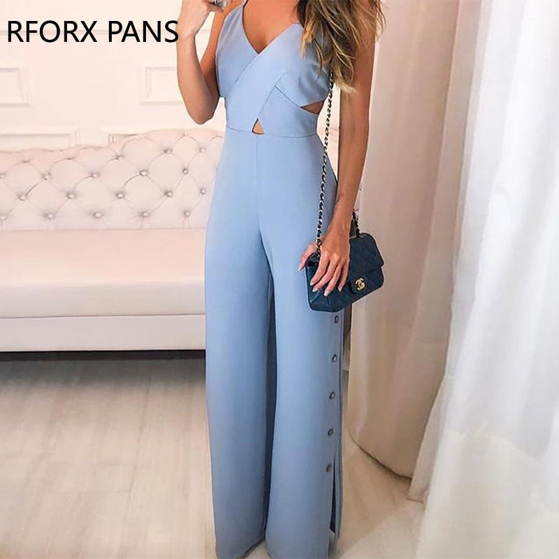 Crisscross Spaghetti Strap Button Slit Side Jumpsuit - Canlaa