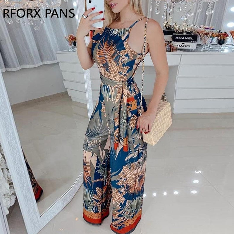 Sleeveless Tropical Print Spaghetti Strap Jumpsuit - Canlaa