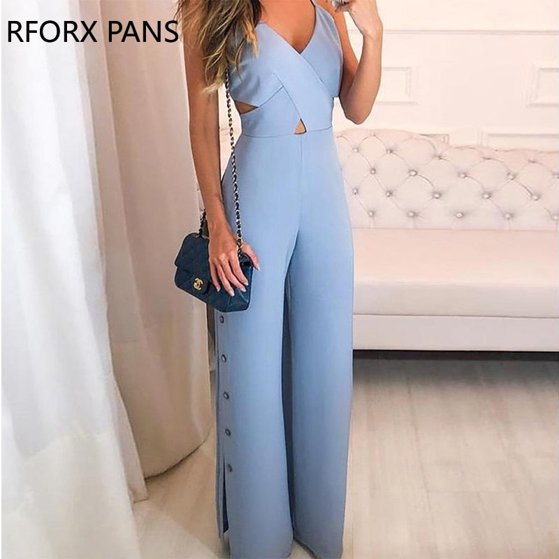 Crisscross Spaghetti Strap Button Slit Side Jumpsuit - Canlaa