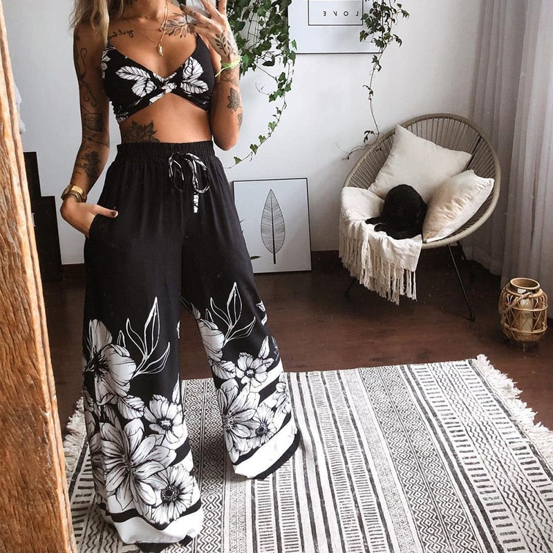 Summer Homewear Outfits Casual Butterfly Print Women Two Piece Set Ladies Elegant Bra Tops+Wide Leg Pants Loose Suits Streetwear - Canlaa