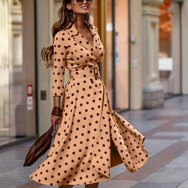 LIYONG Dot Print Elegant Dress Women Split V Neck Long Sleeves Autumn Winter Dresses High Waist Slim Sashes Party Midi Vestidos - Canlaa