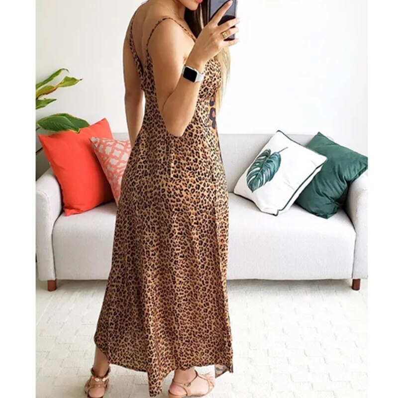 Leopard print butterflies Print dresses V-neck off shoulder sexy spaghetti strap summer dresses women 2019 fashion new - Canlaa