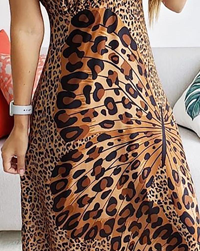 Leopard print butterflies Print dresses V-neck off shoulder sexy spaghetti strap summer dresses women 2019 fashion new - Canlaa