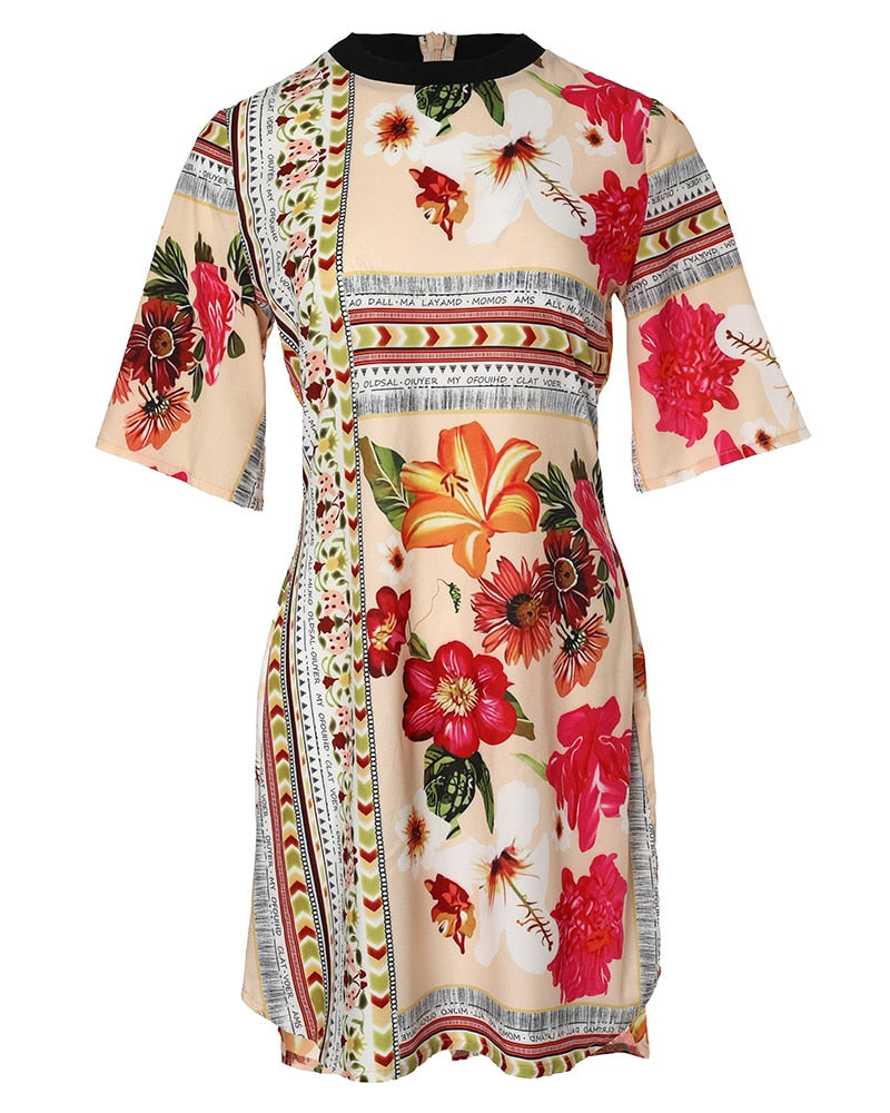 Fashion Women Floral Print Half Sleeve Casual Dress Summer Holiday Boho Farmhouse Style Short Sleeve Mini Bodycon Dress Floral - Canlaa