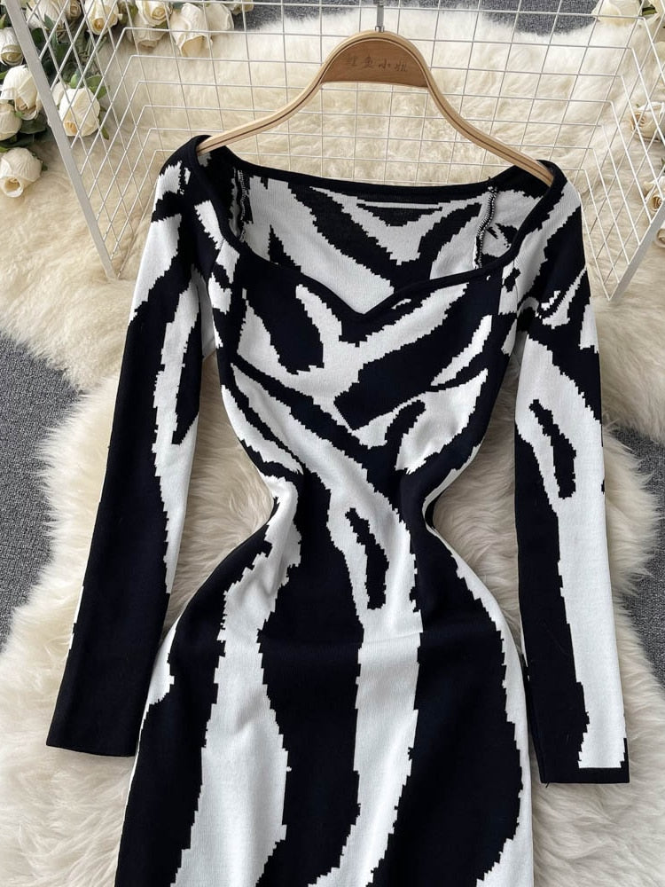 Winter Women Abstract Colorful Print Knitting Dresses Sexy Slim Tiger Stripe High Stretch Autumn Knitted Sweater Pencil Dress - Canlaa