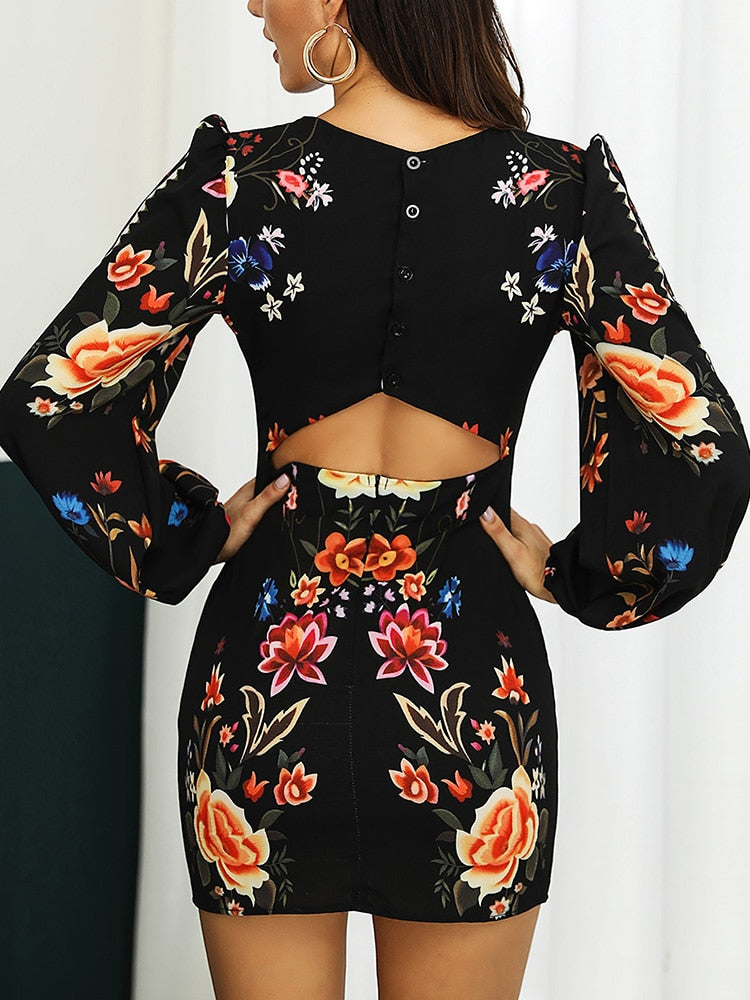 Women Cutout Back Bishop Sleeve Floral Bodycon Dress Ladies Printed Summer Holiday Skinny Mini Dress Robe De Femme Streetwear - Canlaa