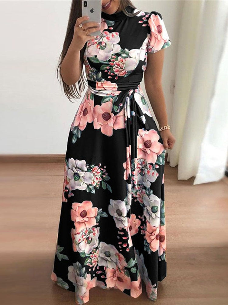 Women Summer Long Dress 2022 Casual Long Sleeve Boho Floral Print Maxi Dress Turtleneck Bandage Elegant Party Dresses Vestidos - Canlaa