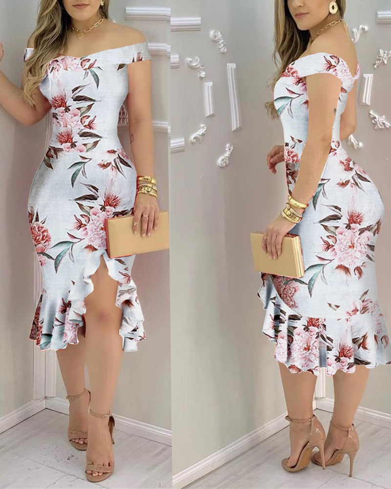 2023 New Spring Fall Women Elegant Floral Patter Sheer Mesh Slit Bodycon Dress Femme Ruff Hem Cut Out Party Robes Skinny Vestido - Canlaa