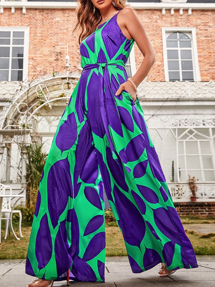 Halter Graphic Print Wide Leg Jumpsuit With Belt - Canlaa