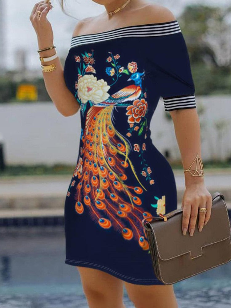 Off Shoulder Floral Print Striped Tape Colorblock Dress - Canlaa