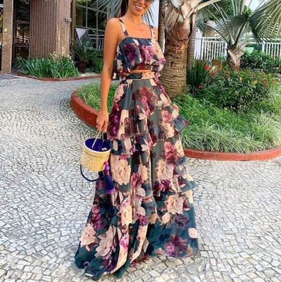 Women Summer Sexy Cake Skirt Sling Crop Top+Maxi Long Skirt Casual Floral Printed Ruffled High Waist Two Piece Set 2022 New - Canlaa