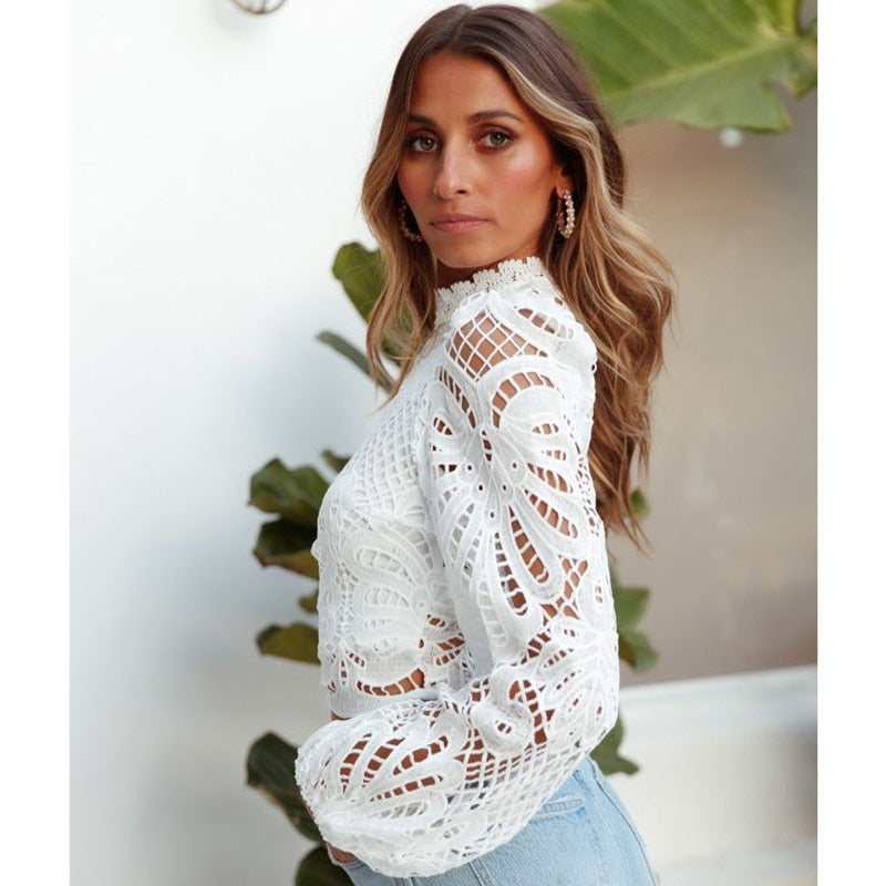 Elegant Women&#39;s Long Sleeve Lace Blouses Tops White Crochet Hollow Out Turtleneck Stylish Cropped Shirts Female Pullovers 16296 - Canlaa