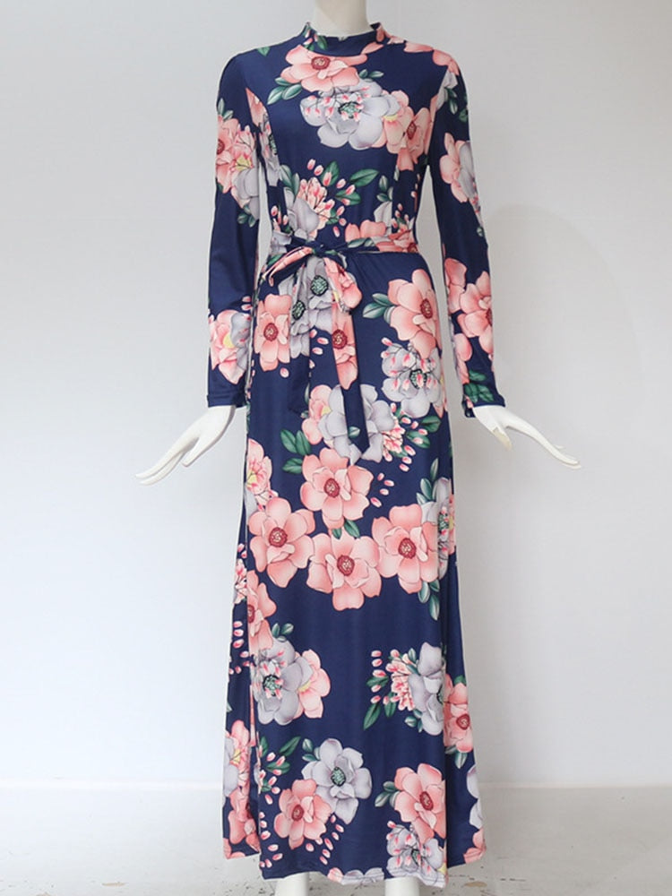 Women Summer Long Dress 2022 Casual Long Sleeve Boho Floral Print Maxi Dress Turtleneck Bandage Elegant Party Dresses Vestidos - Canlaa